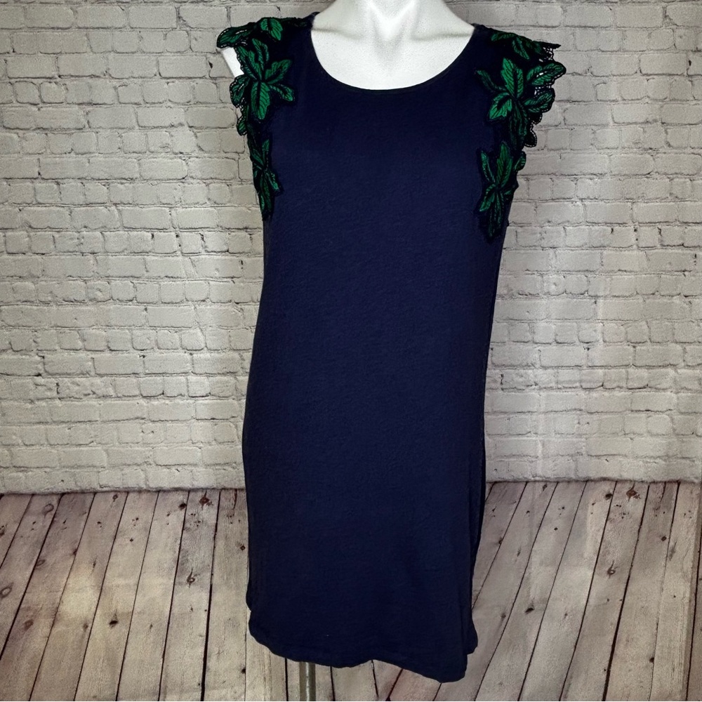 C&C California Navy Blue Mini Dress with Embroidered Green Leaf Details Size M